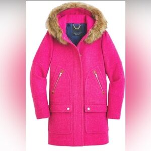 J. Crew Chateau Parka Pink Coat Stadium Cloth Wool Removable Faux Fur Collar